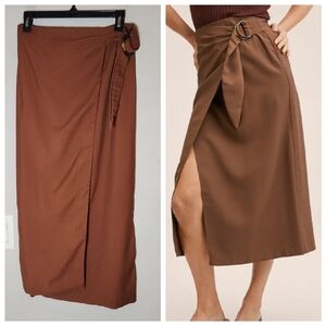MNG Mango Wrap Belted Brown Twill Midi Skirt Size Medium